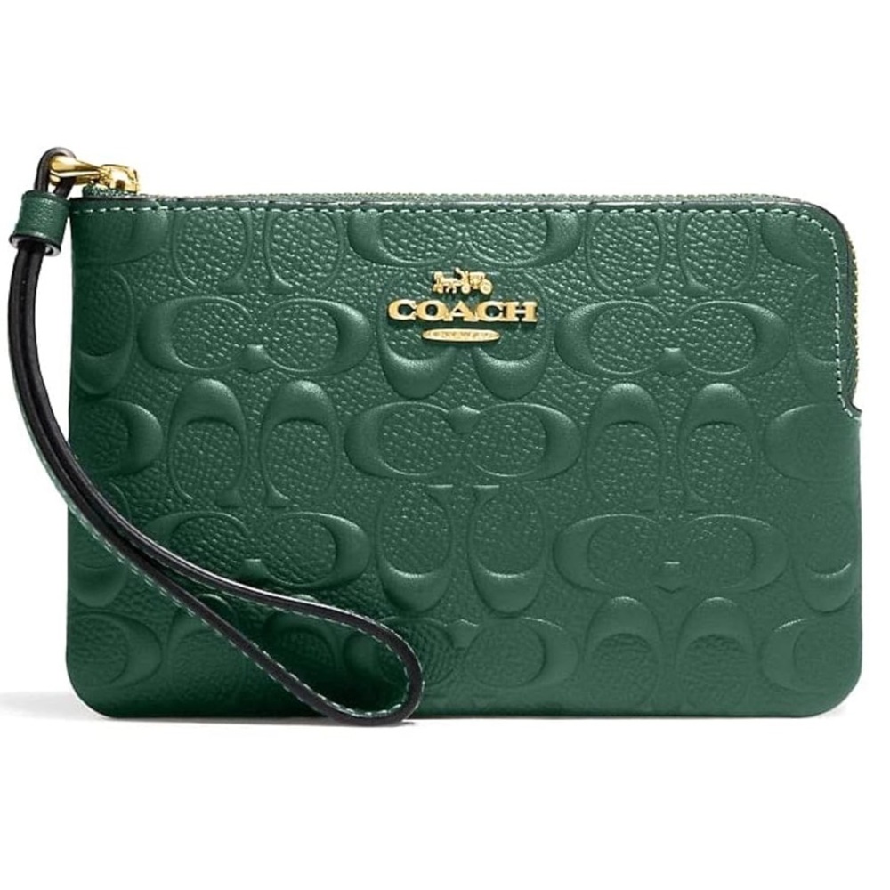 Coach Signature Leather Corner Zip Wristlet, Everglade (embossed)
